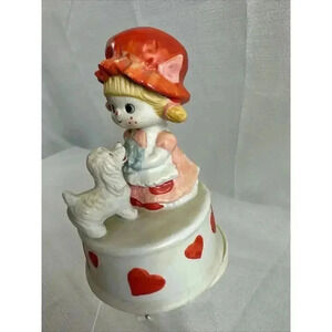 Vtg. 1982 Rotating Music‎ Box Girl as Clown w/Dog red hearts- Works Great